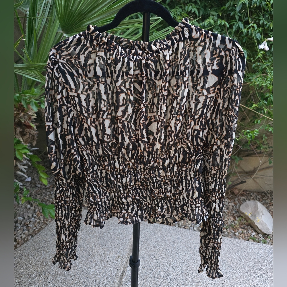 EUC Halogen Tan and Brown Sheer Blouse Top, Size Small - Picture 3 of 7